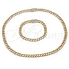 Oro Laminado Necklace and Bracelet, Gold Filled Style Miami Cuban Design, with White Micro Pave, Polished, Golden Finish, 06.253.0004