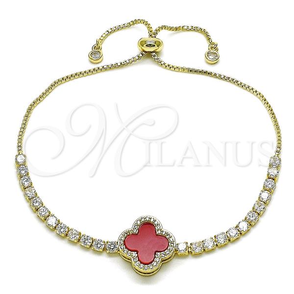 Oro Laminado Adjustable Bolo Bracelet, Gold Filled Style Four-leaf Clover and Box Design, with Garnet Mother of Pearl and White Cubic Zirconia, Polished, Golden Finish, 03.411.0070.2.11