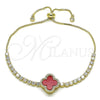 Oro Laminado Adjustable Bolo Bracelet, Gold Filled Style Four-leaf Clover and Box Design, with Garnet Mother of Pearl and White Cubic Zirconia, Polished, Golden Finish, 03.411.0070.2.11