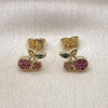 Oro Laminado Stud Earring, Gold Filled Style Cherry Design, with Ruby and Green Micro Pave, Polished, Golden Finish, 02.344.0165