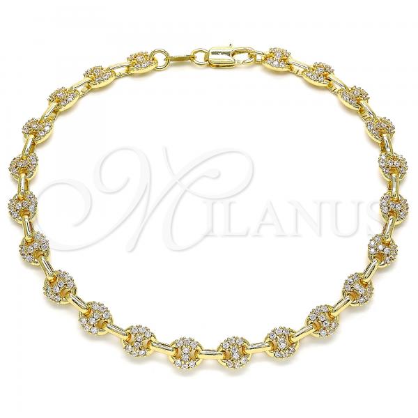 Oro Laminado Fancy Anklet, Gold Filled Style Puff Mariner Design, with White Micro Pave, Polished, Golden Finish, 04.63.1401.10