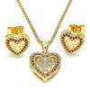 Oro Laminado Earring and Pendant Adult Set, Gold Filled Style Heart and Bow Design, with Garnet Micro Pave, Polished, Golden Finish, 10.156.0408.1