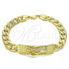 Oro Laminado Fancy Bracelet, Gold Filled Style Santa Muerte and Pave Cuban Design, Polished, Golden Finish, 03.380.0112.09