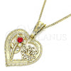Oro Laminado Pendant Necklace, Gold Filled Style Heart and Flower Design, with Garnet Crystal, Polished, Golden Finish, 04.351.0018.1.20