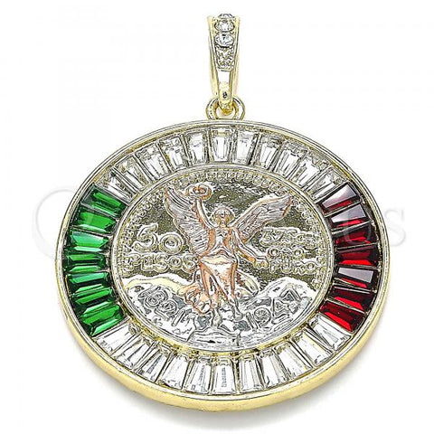 Oro Laminado Religious Pendant, Gold Filled Style Centenario Coin and Angel Design, with Garnet and Green Crystal, Polished, Tricolor, 05.380.0028.1