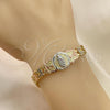 Oro Laminado Fancy Bracelet, Gold Filled Style Guadalupe and Flower Design, Diamond Cutting Finish, Tricolor, 03.380.0100.07