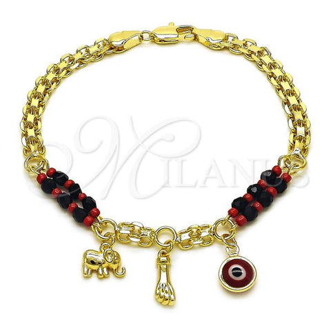 Oro Laminado Charm Bracelet, Gold Filled Style Feet and Evil Eye Design, with Black and Garnet Crystal, Polished, Golden Finish, 03.213.0226.08