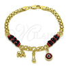 Oro Laminado Charm Bracelet, Gold Filled Style Feet and Evil Eye Design, with Black and Garnet Crystal, Polished, Golden Finish, 03.213.0226.08