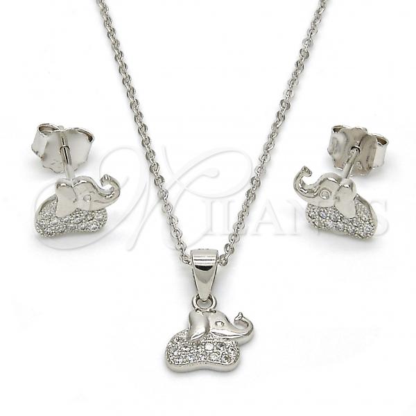 Sterling Silver Earring and Pendant Adult Set, Elephant Design, with White Micro Pave, Polished, Rhodium Finish, 10.174.0199