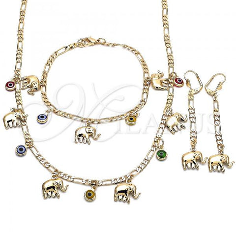 Oro Laminado Necklace, Bracelet and Earring, Gold Filled Style Elephant and Evil Eye Design, Multicolor Resin Finish, Golden Finish, 06.213.0009
