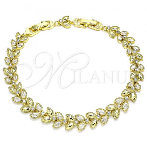 Oro Laminado Tennis Bracelet, Gold Filled Style Leaf Design, with White Cubic Zirconia, Polished, Golden Finish, 03.283.0030.08