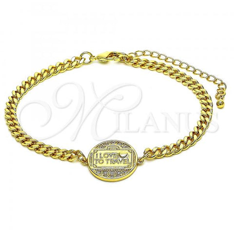 Oro Laminado Fancy Bracelet, Gold Filled Style Heart and Love Design, with White Micro Pave, Polished, Golden Finish, 03.193.0003.08