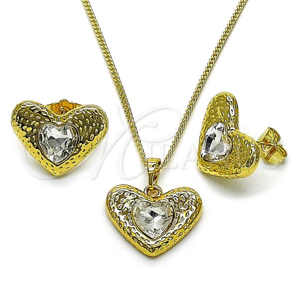 Oro Laminado Earring and Pendant Adult Set, Gold Filled Style Heart Design, with White Crystal, Polished, Golden Finish, 10.379.0091