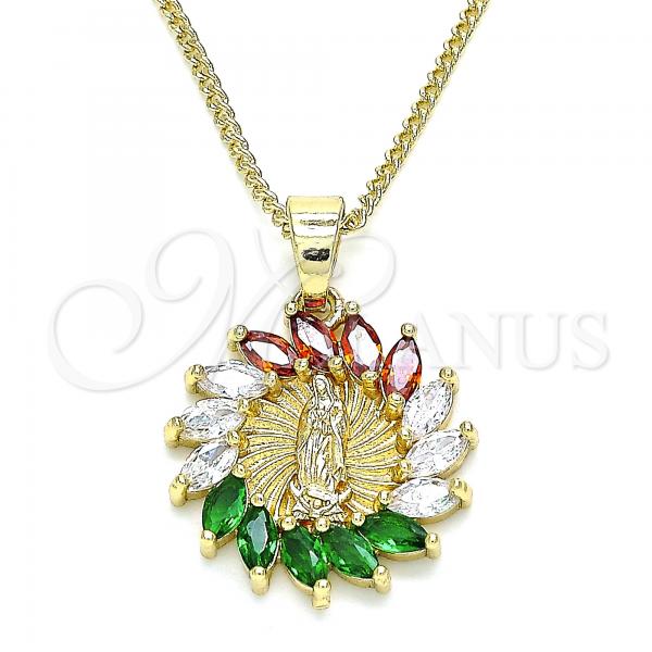 Oro Laminado Pendant Necklace, Gold Filled Style Guadalupe Design, with Multicolor Cubic Zirconia, Polished, Golden Finish, 04.210.0046.1.20