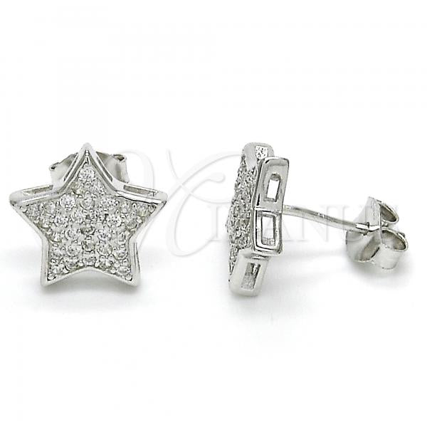 Sterling Silver Stud Earring, Star Design, with White Cubic Zirconia, Polished, Rhodium Finish, 02.285.0081