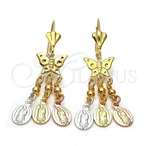 Oro Laminado Chandelier Earring, Gold Filled Style Butterfly and Bird Design, Diamond Cutting Finish, Tricolor, 59.01