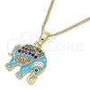 Oro Laminado Pendant Necklace, Gold Filled Style Elephant Design, with Multicolor Micro Pave, Turquoise Enamel Finish, Golden Finish, 04.210.0054.3.20