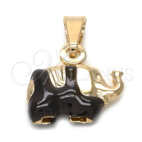 Oro Laminado Fancy Pendant, Gold Filled Style Elephant Design, Black Enamel Finish, Golden Finish, 05.32.0062.1