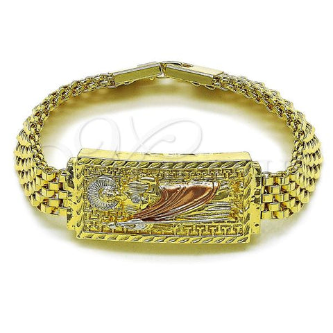 Oro Laminado Fancy Bracelet, Gold Filled Style San Judas and Greek Key Design, Diamond Cutting Finish, Tricolor, 03.120.0011.08