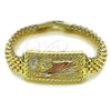 Oro Laminado Fancy Bracelet, Gold Filled Style San Judas and Greek Key Design, Diamond Cutting Finish, Tricolor, 03.120.0011.08