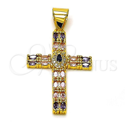 Oro Laminado Religious Pendant, Gold Filled Style Cross Design, with Multicolor Cubic Zirconia, Polished, Golden Finish, 05.342.0229.1