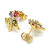 Oro Laminado Stud Earring, Gold Filled Style Flower Design, with Multicolor Cubic Zirconia, Polished, Golden Finish, 02.387.0077