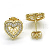 Oro Laminado Stud Earring, Gold Filled Style Heart Design, with White Micro Pave, Polished, Golden Finish, 02.156.0298