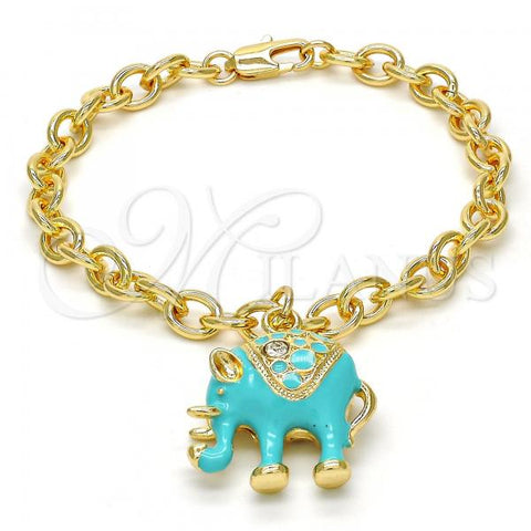 Oro Laminado Charm Bracelet, Gold Filled Style Elephant and Rolo Design, with White Crystal, Turquoise Enamel Finish, Golden Finish, 03.179.0001.2.07