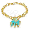 Oro Laminado Charm Bracelet, Gold Filled Style Elephant and Rolo Design, with White Crystal, Turquoise Enamel Finish, Golden Finish, 03.179.0001.2.07