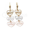 Oro Laminado Long Earring, Gold Filled Style Heart Design, Polished, Tricolor, 5.113.016