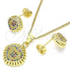 Oro Laminado Earring and Pendant Adult Set, Gold Filled Style Heart Design, with Multicolor Micro Pave, Polished, Golden Finish, 10.156.0170.4