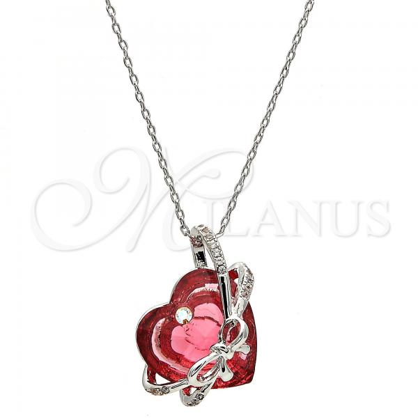 Rhodium Plated Pendant Necklace, Heart and Bow Design, with Padparadscha Swarovski Crystals and White Micro Pave, Polished, Rhodium Finish, 04.239.0001.3.16