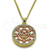 Oro Laminado Pendant Necklace, Gold Filled Style Mom and Heart Design, with Pink Mother of Pearl and White Cubic Zirconia, Polished, Golden Finish, 04.423.0001.18