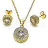 Oro Laminado Earring and Pendant Adult Set, Gold Filled Style Sun Design, with White Cubic Zirconia and White Micro Pave, Polished, Golden Finish, 10.342.0095