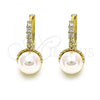 Oro Laminado Huggie Hoop, Gold Filled Style with Ivory Pearl and White Cubic Zirconia, Polished, Golden Finish, 02.213.0456.15