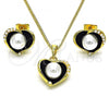 Oro Laminado Earring and Pendant Adult Set, Gold Filled Style Heart Design, with Ivory Pearl, Black Enamel Finish, Golden Finish, 10.379.0048.1