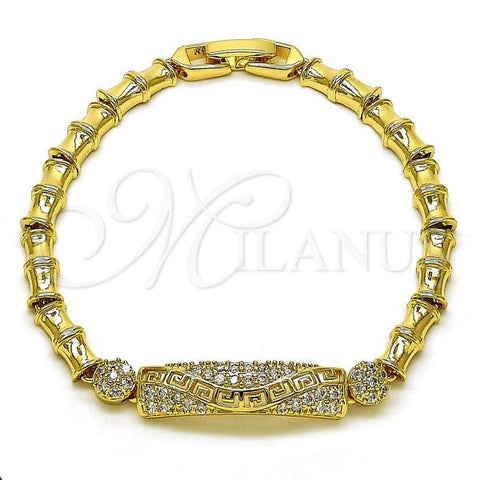 Oro Laminado Fancy Bracelet, Gold Filled Style Bamboo and Greek Key Design, with White Cubic Zirconia, Polished, Golden Finish, 03.283.0399.07