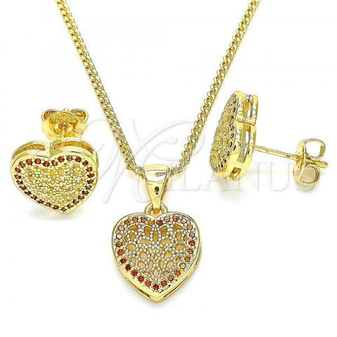 Oro Laminado Earring and Pendant Adult Set, Gold Filled Style Heart Design, with Garnet Micro Pave, Polished, Golden Finish, 10.156.0268.2