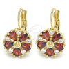 Oro Laminado Leverback Earring, Gold Filled Style Flower Design, with Garnet and White Cubic Zirconia, Polished, Golden Finish, 02.210.0227.2