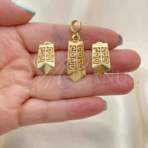 Oro Laminado Earring and Pendant Adult Set, Gold Filled Style Greek Key Design, Matte Finish, Golden Finish, 10.59.0224