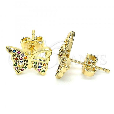 Oro Laminado Stud Earring, Gold Filled Style Butterfly Design, with Multicolor Micro Pave, Polished, Golden Finish, 02.156.0456.3