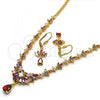 Oro Laminado Necklace and Earring, Gold Filled Style Teardrop and Leaf Design, with Multicolor Cubic Zirconia, Polished, Golden Finish, 06.236.0002.1