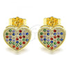 Oro Laminado Stud Earring, Gold Filled Style Heart Design, with Multicolor Micro Pave, Polished, Golden Finish, 02.94.0080.2