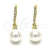 Oro Laminado Long Earring, Gold Filled Style Ball Design, with Ivory Pearl and White Micro Pave, Polished, Golden Finish, 02.387.0113