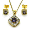 Oro Laminado Earring and Pendant Adult Set, Gold Filled Style with Amethyst Cubic Zirconia and White Micro Pave, Polished, Golden Finish, 10.344.0016.4