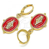 Oro Laminado Dangle Earring, Gold Filled Style Virgen Maria Design, Red Enamel Finish, Golden Finish, 02.377.0026.1