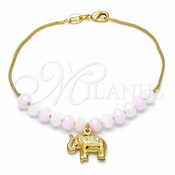 Oro Laminado Charm Bracelet, Gold Filled Style Elephant and Snake Design, with White and Pink Opal, Polished, Golden Finish, 03.32.0221.07