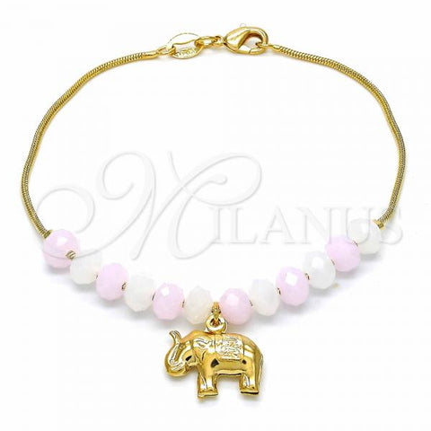 Oro Laminado Charm Bracelet, Gold Filled Style Elephant and Snake Design, with White and Pink Opal, Polished, Golden Finish, 03.32.0221.07
