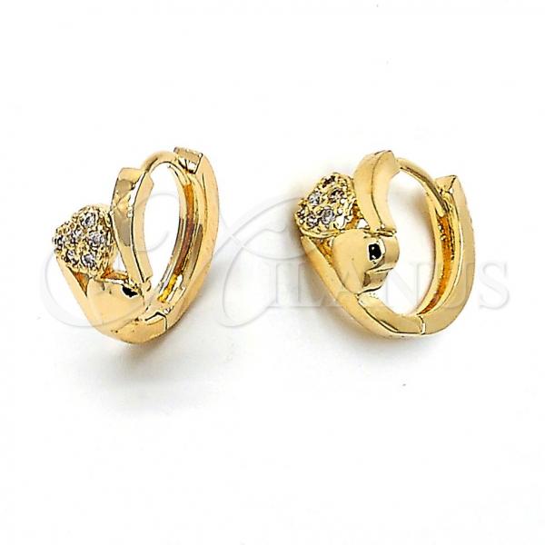 Oro Laminado Huggie Hoop, Gold Filled Style Heart Design, with White Cubic Zirconia, Polished, Golden Finish, 02.165.0039