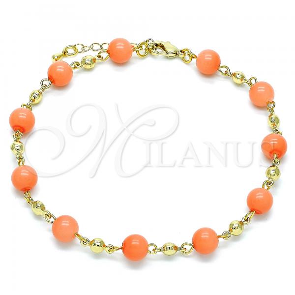 Oro Laminado Fancy Anklet, Gold Filled Style Ball Design, with Pink Pearl, Polished, Golden Finish, 03.63.2226.2.10